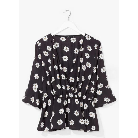 Nasty Gal Daisy Me Rollin' Wrap Top Peplum Blouse Plus Size 22 Black Boho Casual - Picture 1 of 8